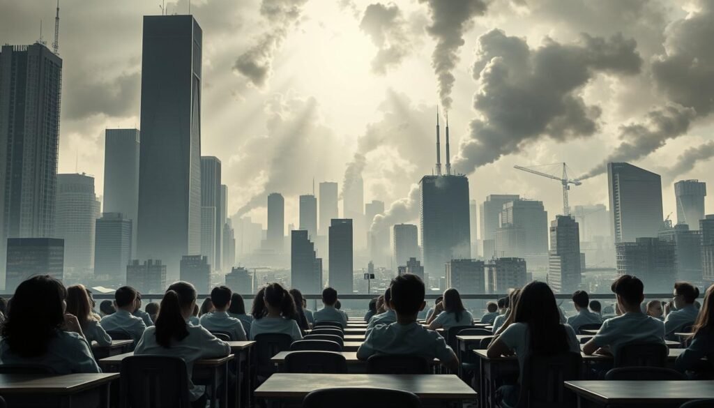 A chaotic cityscape, a stark contrast between towering skyscrapers and crumbling buildings. In the foreground, a classroom with desks and chairs, the students' faces obscured by shadows, symbolizing the disconnect between education and the realities of the modern world. The background is a hazy, industrial landscape, billowing smoke casting an ominous glow. Beams of light pierce through the gloom, creating a sense of both hope and foreboding. The scene is shot with a wide-angle lens, emphasizing the scale and vastness of the challenges facing modern education. The overall mood is one of unease and uncertainty, reflecting the tensions between commercialization and the need for genuine, meaningful learning.