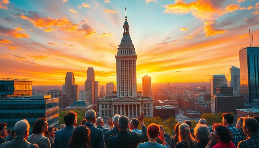 A cityscape at sunset, with vibrant colors and a sense of dynamism. In the foreground, a group of people gathered, engaged in animated discussion, their gestures conveying a spirit of reform and change. The middle ground features a towering government building, its facade adorned with intricate architectural details. In the background, a bustling urban landscape stretches out, with skyscrapers and infrastructure symbolizing the complex system that needs to be reimagined. The lighting is warm and golden, lending an air of optimism and possibility. The overall composition evokes a sense of collective effort towards a more equitable and accessible educational system.
