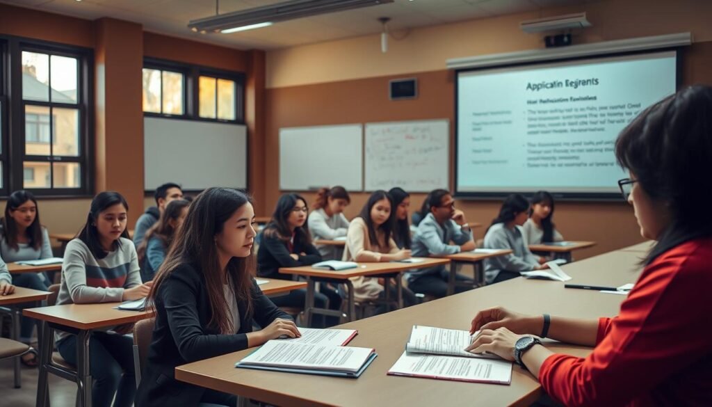 A classroom setting with a group of students sitting at desks, engaged in a selection process for a scholarship. The scene is bathed in warm, natural lighting from large windows, casting a soft, contemplative glow. In the foreground, a panel of interviewers sits at a table, leaning forward with attentive expressions as they review application documents. The students' faces display a mix of anticipation and concentration, their posture upright and focused. In the background, a whiteboard or projection screen displays information about the application requirements and timeline. The overall atmosphere conveys a sense of academic rigor, opportunity, and the gravity of the selection process.