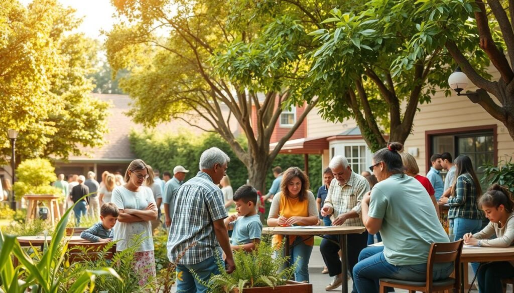 A community-based solution: a harmonious neighborhood gathering in a vibrant town square, with residents of all ages engaged in collaborative activities. The scene features a lush, verdant backdrop of trees and greenery, evoking a sense of nature's embrace. Warm, soft lighting creates an inviting, inclusive atmosphere, while the composition captures a mix of individual and group interactions - people exchanging ideas, working together on projects, and enjoying shared experiences. The overall mood is one of community empowerment, creativity, and a collective commitment to finding innovative solutions.
