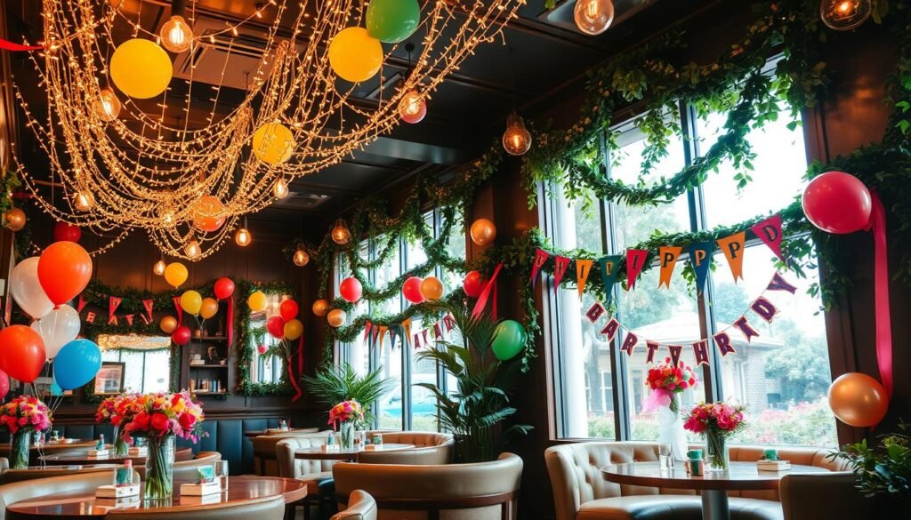 A cozy and festive restaurant interior, with string lights and garlands draped elegantly across the ceiling, casting a warm, ambient glow. Round tables are adorned with colorful balloon bouquets, and the walls are decorated with vibrant, celebratory banners and streamers. Plush, comfortable seating and lush greenery throughout create a inviting, intimate atmosphere, perfect for an intimate birthday gathering. Large windows allow natural light to filter in, illuminating the space and highlighting the intricate, thoughtful decor. The overall scene conveys a sense of celebration, joy, and attention to detail, setting the stage for a memorable dining experience.