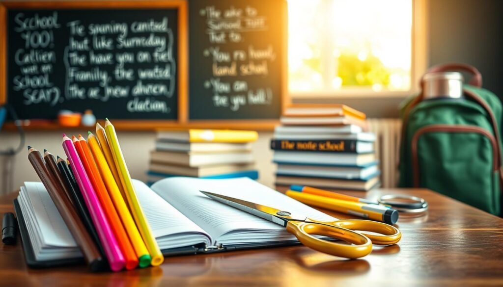 A cozy classroom scene with an array of vibrant school supplies neatly arranged on a wooden desk. In the foreground, a set of colorful pencils, an open notebook, and a shiny pair of scissors. In the middle ground, a stack of textbooks, a backpack, and a thermos flask. In the background, a blackboard with inspirational quotes and a bright window letting in warm, natural lighting. The overall atmosphere is one of excitement and anticipation, reflecting the joy of preparing for a new school year.