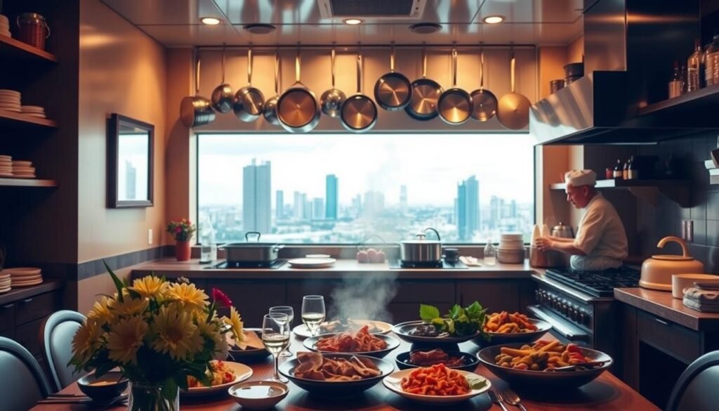 A cozy kitchen interior with warm lighting, filled with the enticing aromas of a home-cooked meal. In the foreground, a table set for a celebratory dinner, adorned with a bouquet of fresh flowers and a delectable spread of homemade dishes. The middle ground showcases a well-equipped cooking space, with gleaming pots and pans hanging neatly on the walls, and a friendly chef stirring a fragrant pot on the stovetop. The background features a panoramic view of the bustling Miami cityscape, hinting at the vibrant energy and diverse culinary scene that surrounds this charming neighborhood restaurant. The overall atmosphere exudes a sense of comfort, quality, and a touch of celebration, perfectly capturing the essence of a "Review Restoran Home Cooking Miami untuk Ulang Tahun".