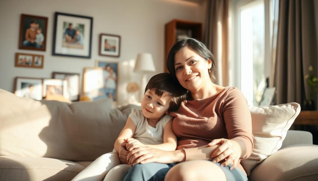 A cozy, sun-dappled living room setting. In the foreground, a mother and child sit together on a plush couch, their expressions serene and attentive. The child leans into the mother's embrace, their body language conveying a sense of security and comfort. In the middle ground, framed family photos and warm-toned decor create a welcoming atmosphere. The background features a large window, allowing natural light to flood the space and cast a soft, golden glow. The overall scene evokes a sense of emotional preparedness and mental well-being as the child and parent navigate the start of a new school year.