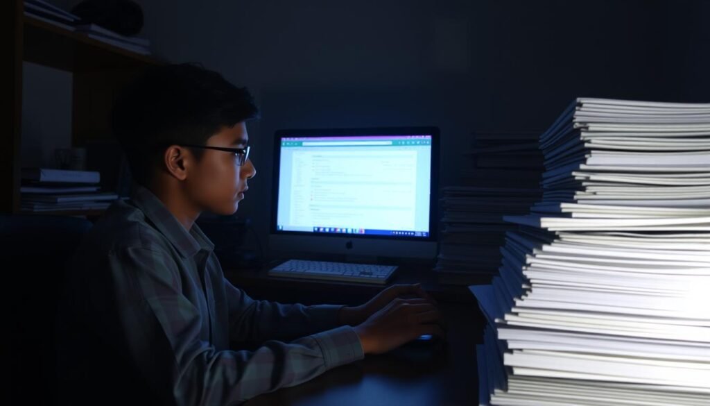 A dimly lit office space, the soft glow of a computer screen illuminating a young student's face as they carefully navigate an online application form for a prestigious scholarship program. Stacks of neatly organized documents and reference materials surround them, a testament to their diligence and preparation. The atmosphere is one of quiet determination, the weight of the opportunity palpable. A sense of hope and anticipation hangs in the air, as the student meticulously fills out each field, ensuring their application stands out among the crowd. The scene captures the essence of the "Panduan Lengkap: Cara Mendaftar Indonesia Bangkit (BIB) 2025" section, a visually compelling representation of the journey towards academic and personal growth.