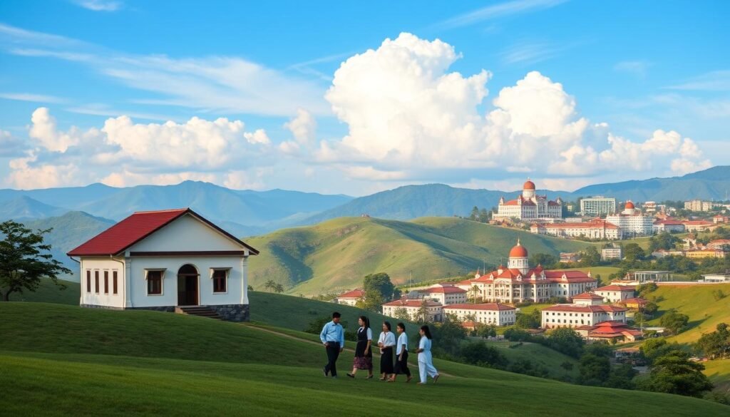 A serene landscape depicting the historical evolution of Indonesian education, set against a backdrop of rolling hills and a vibrant blue sky. In the foreground, a traditional schoolhouse stands proudly, its simple yet elegant architecture reflecting the early colonial era. In the middle ground, a group of students in traditional dress engage in lively discussions, symbolizing the nation's embrace of educational reforms during the ethical policy period. Further in the distance, modern school buildings and university campuses emerge, representing the post-independence era and the country's commitment to educational advancement. The scene is illuminated by warm, diffused lighting, conveying a sense of progress and optimism for Indonesia's educational future.