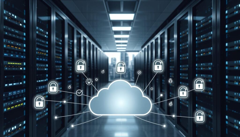 A sleek, modern data center with rows of servers and racks, illuminated by soft, diffused lighting. In the foreground, a stylized cloud icon represents the cloud computing infrastructure, surrounded by glowing security icons and symbols. The middle ground features a network of interconnected nodes and data pathways, conveying the seamless, boundless access to information. The background showcases a cityscape of skyscrapers, hinting at the global reach and scalability of the cloud computing ecosystem. The overall scene exudes a sense of technological sophistication, safety, and limitless potential.