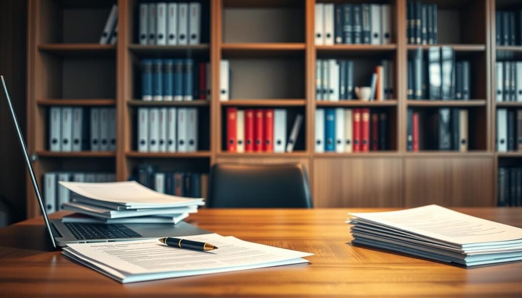 A sleek, modern office setting with a wooden desk, a laptop, a stack of documents, and a pen. In the background, a bookshelf filled with management and finance textbooks. Warm, directional lighting casts a professional ambiance, highlighting the key elements. The scene conveys a sense of diligence and focus, as if a university student is meticulously reviewing the procedures and requirements for a management scholarship application.