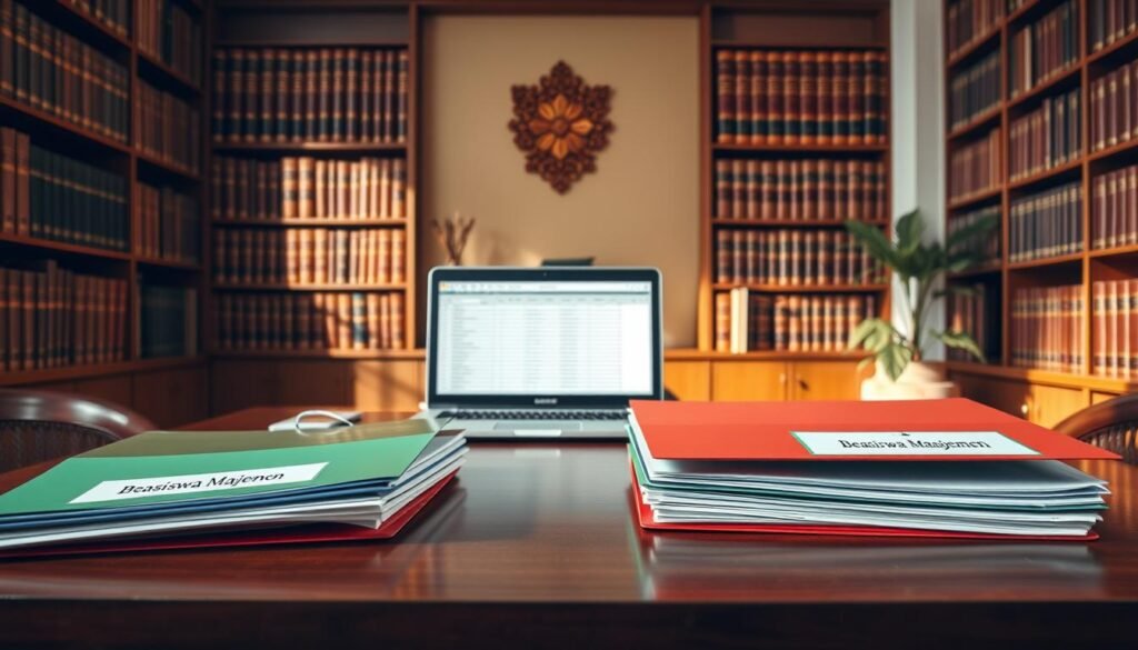 A vibrant, professional-looking image of &amp;quot;jenis beasiswa manajemen&amp;quot;. A neatly arranged desktop scene in a warm, softly-lit office. In the foreground, several colorful folders and documents labeled with &amp;quot;Beasiswa Manajemen&amp;quot; lay atop a polished wooden table. In the middle ground, a laptop displaying a spreadsheet or database related to scholarship programs. The background features floor-to-ceiling bookshelves filled with leather-bound volumes, complemented by a subtle, elegant wall decor. The lighting is natural, with a soft, directional glow creating depth and dimension. The overall mood is one of academic rigor, professionalism, and the promise of educational opportunities.