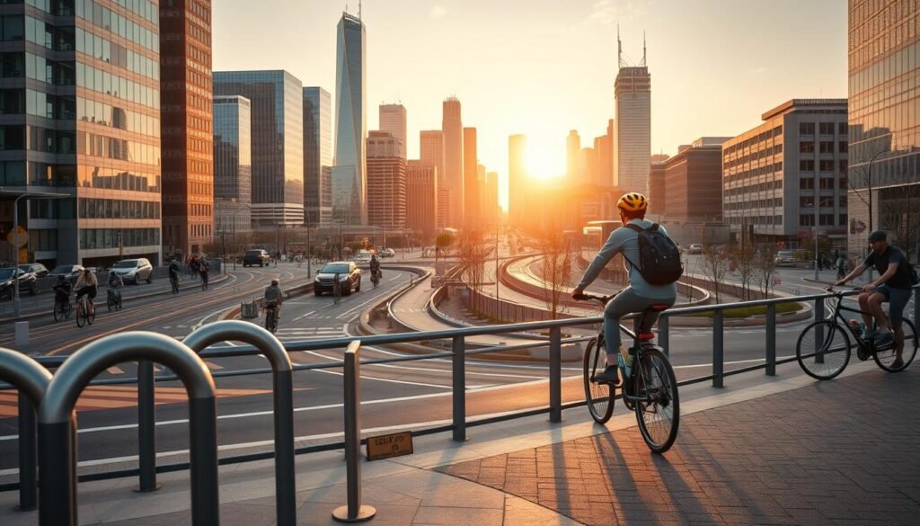 A bustling urban landscape, a cyclist navigates the city's intricate web of bike lanes and infrastructure. In the foreground, sleek bicycle racks stand as modern anchors, inviting riders to securely park their two-wheeled companions. The middle ground reveals a network of dedicated cycle paths, winding through the urban fabric, encouraging safe and sustainable transportation. In the background, towering skyscrapers and government buildings symbolize the crucial role of policymakers in shaping the city's cycling-friendly future. Warm, golden-hour lighting casts a welcoming glow, highlighting the seamless integration of infrastructure and the city's commitment to promoting a cycling-centric lifestyle.
