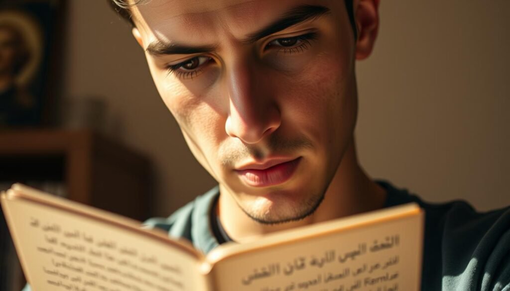 A focused close-up of a person's face and upper body, intently practicing Arabic vocabulary with a serious, focused expression. The lighting is warm and slightly directional, casting subtle shadows and highlights to create depth and dimension. The background is slightly blurred, suggesting a simple, uncluttered setting that keeps the viewer's attention on the subject. The image conveys a sense of dedication, diligence, and immersion in the process of language learning. A focused close-up of a person's face and upper body, intently practicing Arabic vocabulary with a serious, focused expression. The lighting is warm and slightly directional, casting subtle shadows and highlights to create depth and dimension. The background is slightly blurred, suggesting a simple, uncluttered setting that keeps the viewer's attention on the subject. The image conveys a sense of dedication, diligence, and immersion in the process of language learning.