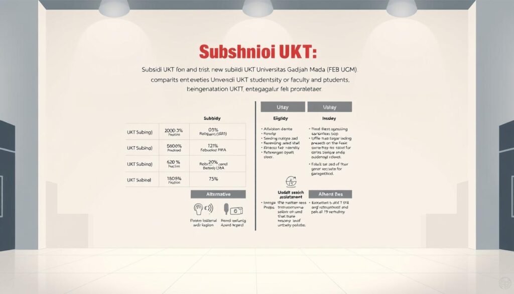 A high-resolution, digital illustration of a comparative chart depicting the "Subsidi UKT" program for new students at the Faculty of Economics and Business, Universitas Gadjah Mada (FEB UGM). The chart is set against a clean, minimalist background, with soft lighting and a muted color palette. The foreground features a detailed infographic showcasing the key aspects of the UKT subsidy, including percentages, eligibility criteria, and impact on student fees. The middle ground displays a series of icons or illustrations representing alternative financial assistance policies, allowing for a clear comparison. The background subtly suggests the university campus environment, with architectural elements and a sense of academic rigor. The overall mood is informative, professional, and designed to effectively communicate the nuances of the UKT subsidy program to the reader.
