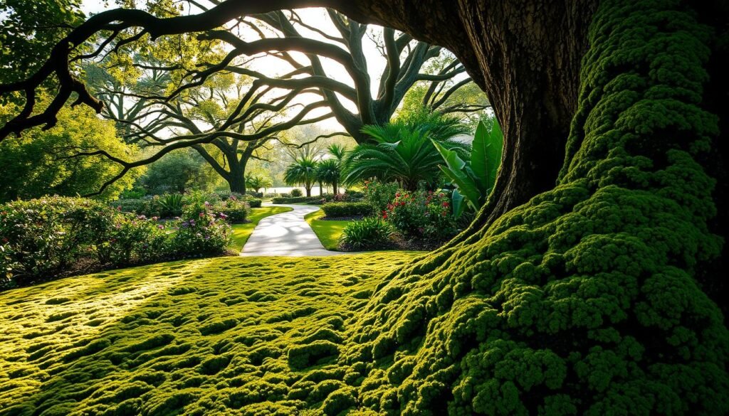 A lush, verdant garden scene in the afternoon sun. In the foreground, a carpet of vibrant green lichens clings to the bark of ancient oak trees, their intricate patterns and textures accentuated by the dappled light. In the middle ground, a meandering path winds through the garden, flanked by colorful blooms and verdant foliage. The background is filled with the silhouettes of towering trees, their branches reaching towards the sky, creating a tranquil, sheltered atmosphere. Soft, warm lighting filters through the leaves, casting a gentle glow over the entire scene. The overall mood is one of serenity and natural harmony, inviting the viewer to immerse themselves in the peaceful ambiance of this enchanting "Lichenes di Taman".