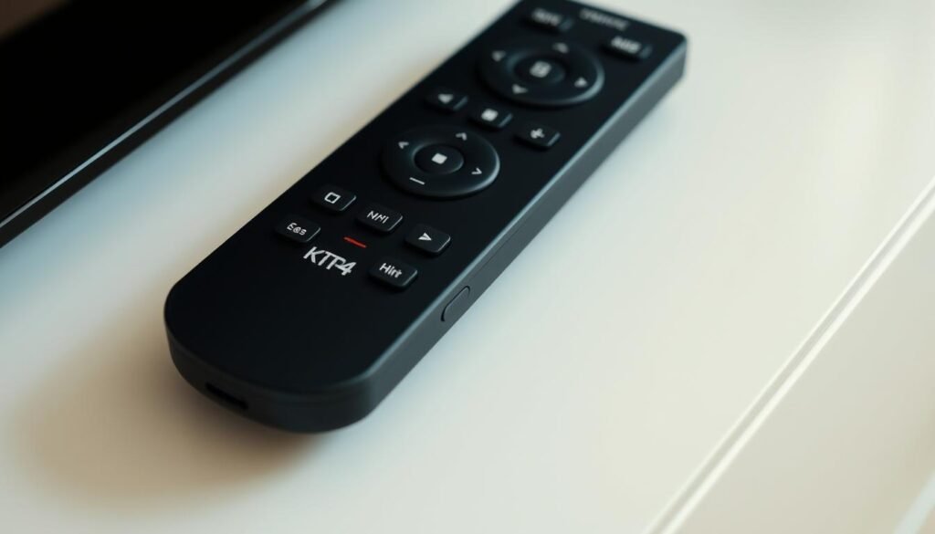 A close-up shot of a modern smart TV remote control with the "Miracast" button or icon prominently displayed. The remote is resting on a flat surface, possibly a table or entertainment console, with a simple, neutral background that allows the device to be the focal point. Bright, natural lighting illuminates the remote, highlighting its sleek, minimalist design and the clear labeling of the "Miracast" feature. The image conveys a sense of simplicity, functionality, and the ease of connecting an Android device to the TV wirelessly using the Miracast technology.