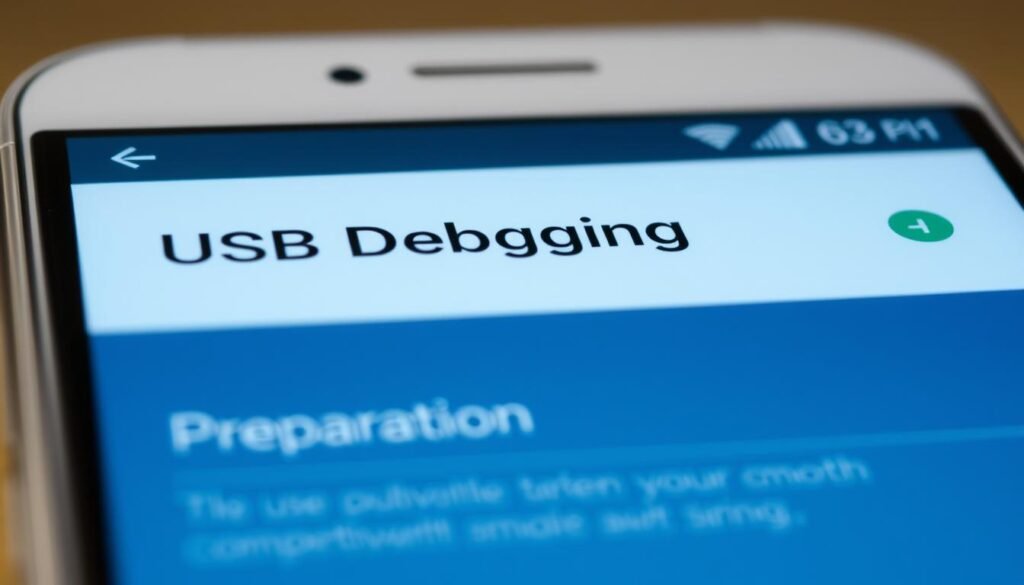 A close-up view of a smartphone screen with the "USB Debugging" developer option displayed prominently. The screen is well-lit, with a soft, diffused light source highlighting the details of the user interface. The background is blurred, placing the focus entirely on the settings menu. The image conveys a sense of preparation and attention to detail, suitable for the "Preparation" section of the article.