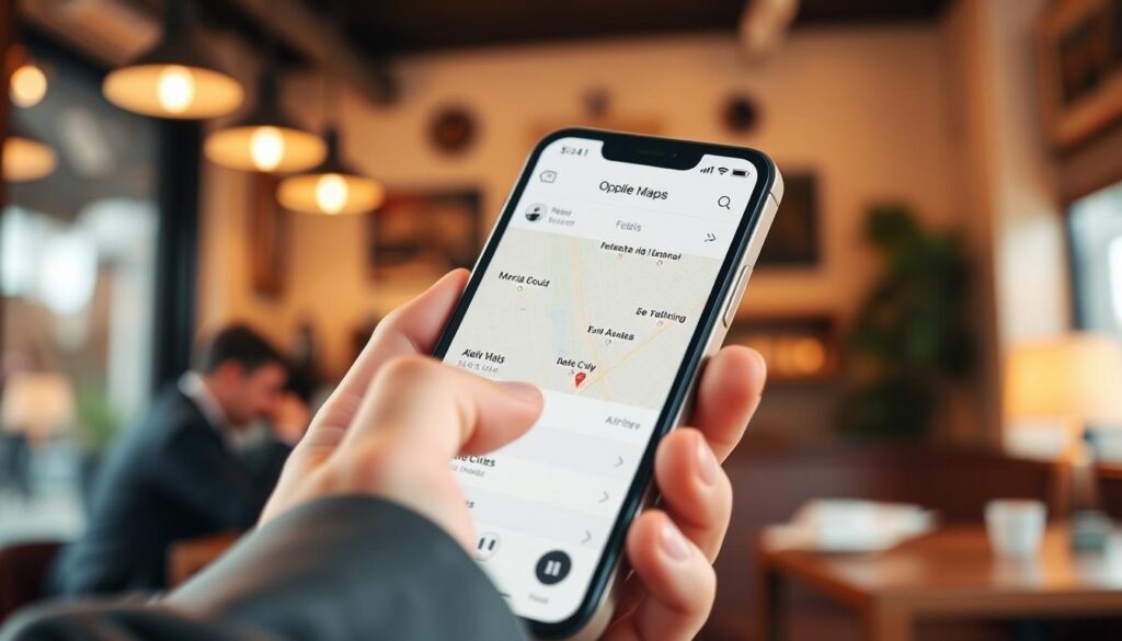 A close-up view of an iPhone displaying Apple Maps in offline mode, showcasing an interface with map details of ten major cities. In the foreground, the phone is held by a professional person dressed in smart casual attire, with a soft focus on their fingers tapping the screen. The middle ground features a blurred background of a cozy café, hinting at a friendly atmosphere, with warm lighting coming from overhead lights. The scene conveys a sense of convenience and modern technology, emphasizing the advantages of offline navigation. The angle captures a slight tilt, inviting viewers into the interaction. The color palette is warm and inviting, with soft shadows to create depth, highlighting the iOS operating system's capabilities for users seeking seamless offline map access.