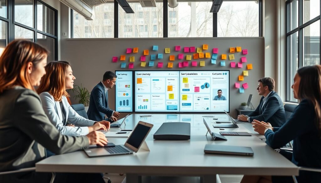 A modern office environment showcasing user experience design in action. In the foreground, a diverse group of three professionals, dressed in smart business attire, collaborate around a sleek conference table filled with high-tech devices and design mockups. The middle ground features a large interactive digital screen displaying user journeys and feedback data, while a wall is adorned with colorful post-it notes representing brainstorming ideas. The background shows large windows with natural sunlight streaming in, creating a bright and inviting atmosphere. The scene is captured from a slightly elevated angle, emphasizing teamwork and innovation, with a warm color palette to evoke a sense of collaboration and creativity.