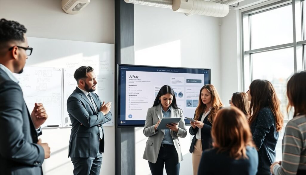 A modern office setting with a focus on a sleek digital prototype on a large screen, showcasing an innovative UI/UX design. In the foreground, a diverse group of professionals in business attire, deeply engaged in discussion, highlighting the collaborative aspect of user testing. In the middle, a user interacting with the prototype, providing feedback while using a tablet. The background features whiteboards filled with design sketches and post-it notes, suggesting a dynamic creative environment. The lighting is bright and natural, streaming through large windows, creating an inspiring and productive atmosphere. The angle captures both the prototype and the engaged team, emphasizing teamwork and the importance of user experience testing.