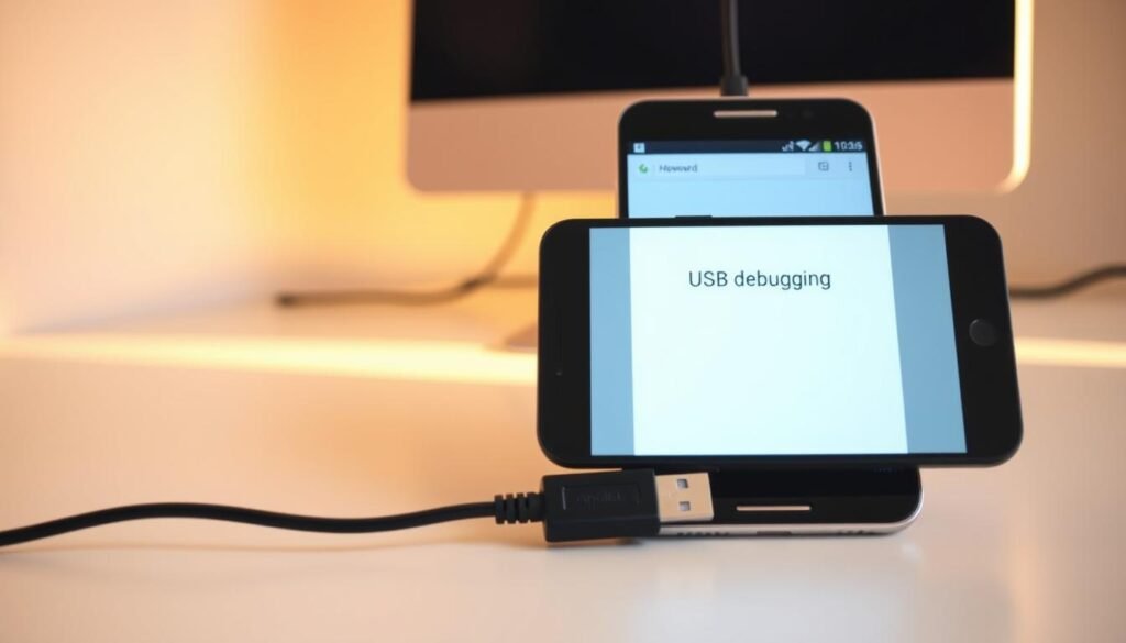 A smartphone connected to a desktop computer via a USB cable, the phone's screen displaying the "USB debugging" prompt. The scene is lit by warm, natural lighting, with a clean, minimalist background highlighting the connection. The composition emphasizes the simplicity and ease of the process, inviting the viewer to visualize themselves performing the task. The overall mood is one of straightforward, productive efficiency.