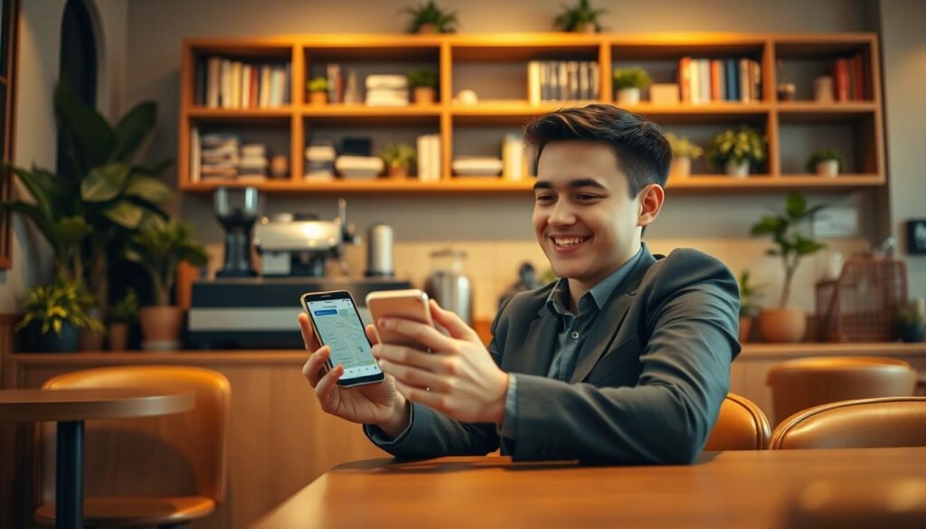 A user sitting at a café table, using a smartphone to explore an offline map feature. They are in a cozy, modern café with warm lighting and a relaxed atmosphere. The user, a young professional in smart casual attire, appears focused and pleased as they scroll through the map interface showing multiple city locations. In the background, a barista can be seen preparing drinks, surrounded by potted plants and wooden shelves filled with books. The scene captures a sense of productivity and convenience, conveying the benefits of downloading offline maps. The lighting is soft, creating a welcoming vibe, and the angle of the shot is slightly angled down to showcase both the user and the phone screen clearly.