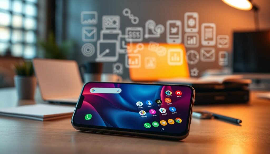 A detailed analysis of Pixel UI in a tech environment. In the foreground, feature a modern smartphone displaying an elegant Pixel UI interface with colorful icons, clean lines, and vibrant widgets. The middle ground should include a stylized workspace, with elements like a sleek desk, laptop, and notepads to imply thoughtful analysis. In the background, softly blurred, showcase a metaphorical representation of digital clutter, symbolizing bloatware, with faint outlines of canceled apps and unused icons. Use warm, focused lighting to enhance the mood of innovation and analysis, emphasizing clarity and modern design. The composition should emphasize an inviting and professional atmosphere, capturing the essence of a deep dive into Pixel UI. Avoid any people or invasive themes in the scene.