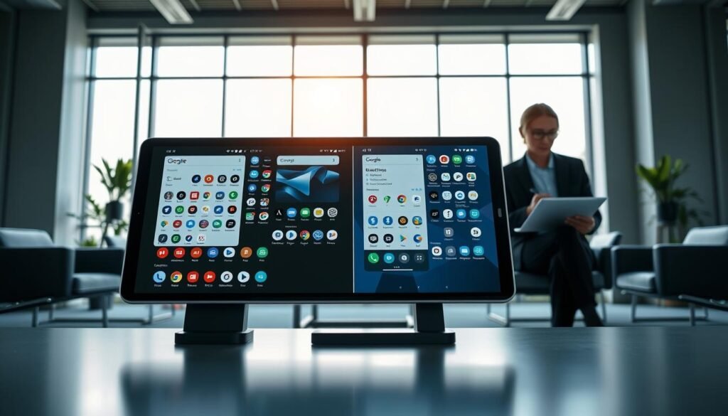 A detailed and professional analysis scene showcasing the comparison of bloatware in Samsung One UI 6.1 and Google Pixel UI. In the foreground, a large digital tablet displays side-by-side screenshots of both interfaces, highlighting their varied app layouts and features. In the middle ground, two analysts in professional business attire are engaged in discussion, with one pointing at the tablet and the other taking notes on a laptop. The background features a modern office setting with sleek furniture and large windows letting in soft natural light. The atmosphere is focused and analytical, emphasizing the thoughtful contrast between the two user interfaces. The overall color scheme is a mix of cool blues and greens, creating a tech-savvy and professional mood.