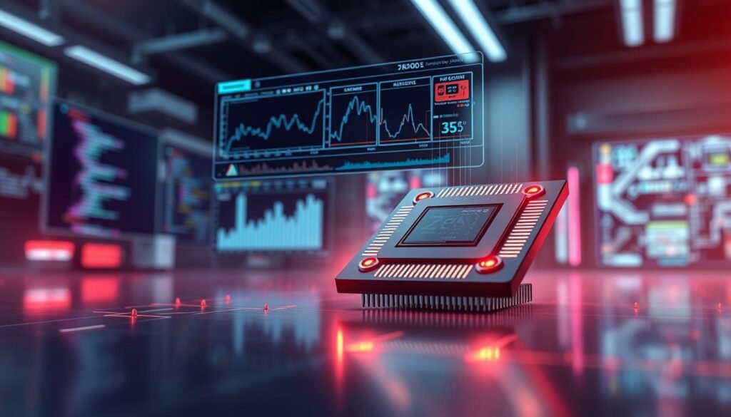 A detailed illustration of the "Zen 2 processor architecture," featuring a sleek, futuristic microchip prominently displayed in the foreground. The chip is intricately designed, showcasing its multiple cores and complex circuitry with illuminated paths indicating data flow. In the middle ground, a digital interface illustrates performance metrics, with graphs and real-time analytics hovering above the chip. The background consists of a blurred high-tech laboratory setting, with screens displaying code and processor schematics, adding depth to the image. Use dynamic lighting that highlights the chip while casting subtle shadows, creating a sense of sophistication. The atmosphere should be innovative and inspiring, conveying a feeling of technological advancement and efficiency.