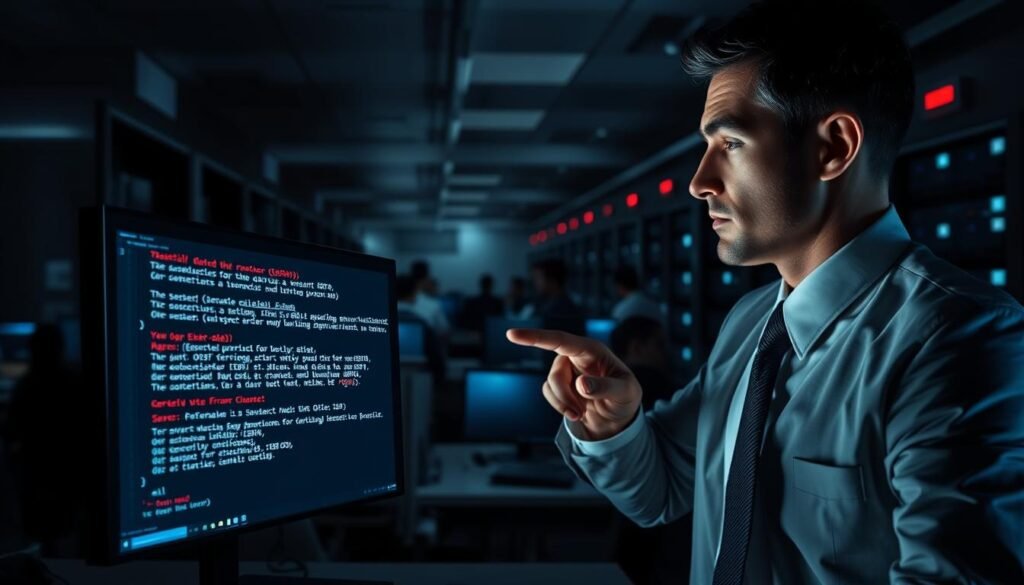 A digital composition illustrating the early signs of a data breach. In the foreground, a close-up of a computer screen displaying suspicious code and error messages, with a person in professional business attire pointing at the screen with a concerned expression. The middle layer features a blurred office environment, filled with other computers and a chaotic atmosphere, indicating urgency. The background showcases darkened silhouettes of data servers with flashing warning lights, symbolizing alarm. The lighting is stark and dramatic, casting shadows that enhance the tension of the scene. The overall mood is one of apprehension and urgency, emphasizing the importance of recognizing initial warning signs of data breaches.