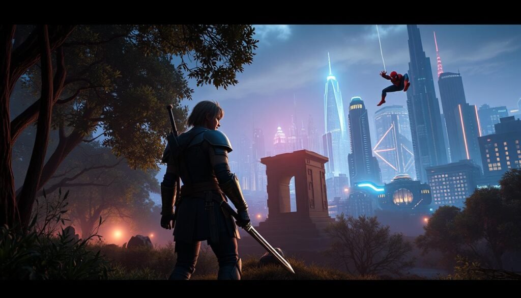 A dynamic scene featuring iconic characters from the games: TLOS Part II's hero in a lush, mystical forest, surrounded by ancient ruins, showcasing elements of adventure and mystery. The character stands confidently in the foreground, wearing detailed armor, with a sword raised, ready for action. In the middle ground, stunning views of the futuristic cityscape from FF7 Rebirth are visible, with neon lights illuminating the skyline at dusk, casting a warm glow. Spider-Man swings through the air in the background, elegantly leaping between skyscrapers, adding a sense of motion. Use soft, ambient lighting contrasted with bright neon highlights to create a vibrant atmosphere of excitement and anticipation, captured with a wide-angle lens to enhance depth. The overall mood is adventurous and thrilling.