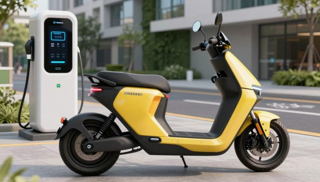A futuristic electric motorcycle with a sleek design is displayed prominently in the foreground, showcasing its automatic battery replacement system. The bike features vibrant colors with smooth curves and advanced technological elements, emphasizing its innovative nature. In the middle ground, a user-friendly battery swap station is illustrated, equipped with automated machinery for efficient battery exchange. The background consists of a modern urban environment, including eco-friendly buildings and bike lanes, conveying a sense of sustainability. Soft, natural lighting highlights the motorcycle's features, while a slightly elevated angle offers a dynamic perspective. The atmosphere is energetic and forward-thinking, capturing the essence of advanced electric mobility.