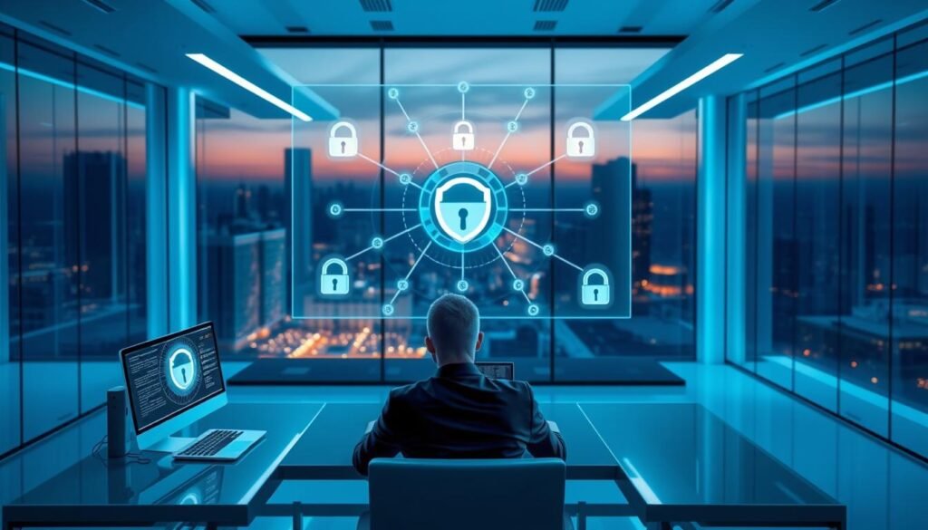 A futuristic office environment bathed in soft blue and white light, symbolizing data security. In the foreground, a professional business person, dressed in formal attire, sits at a sleek desk with multiple digital screens displaying data protection symbols, like shields and locks. The middle layer features a large holographic interface showing a network of interconnected data points, highlighting a strategy map to prevent data leaks. In the background, glass walls reveal an urban cityscape at dusk, infusing a sense of urgency and modernity. The overall atmosphere is calm yet determined, emphasizing the importance of effective data security strategies in a rapidly evolving digital landscape.