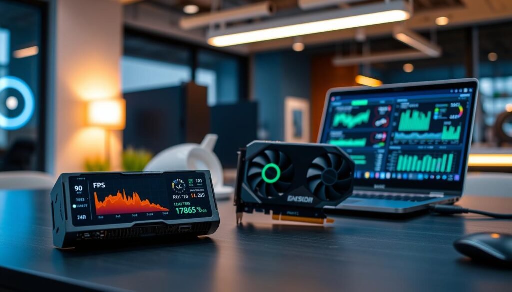 A modern computer setup featuring a high-performance GPU labeled as "RTX 4060 Ti" prominently displayed on a sleek desk. In the foreground, a digital interface shows real-time metrics of power consumption, FPS, and temperature, with vibrant graphs and icons. The middle ground includes an open laptop connected to the GPU, showcasing high-resolution testing benchmarks on the screen. The background features a soft-focus view of an office environment, with warm, ambient lighting enhancing the professional atmosphere. The overall mood is one of focused analysis and advanced technology, with a hint of excitement in the air, emphasizing stability testing and benchmarking in a technical context. A modern computer setup featuring a high-performance GPU labeled as "RTX 4060 Ti" prominently displayed on a sleek desk. In the foreground, a digital interface shows real-time metrics of power consumption, FPS, and temperature, with vibrant graphs and icons. The middle ground includes an open laptop connected to the GPU, showcasing high-resolution testing benchmarks on the screen. The background features a soft-focus view of an office environment, with warm, ambient lighting enhancing the professional atmosphere. The overall mood is one of focused analysis and advanced technology, with a hint of excitement in the air, emphasizing stability testing and benchmarking in a technical context.