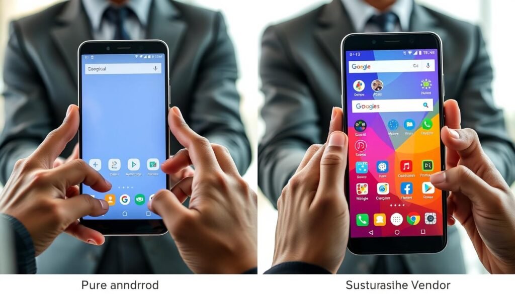 A side-by-side comparison of two smartphone user interfaces: on the left, a sleek and minimalist Pure Android interface showcasing essential Google apps in a modern, clean layout, with light colors and intuitive navigation elements. On the right, a vibrant, feature-rich Skin Vendor interface that includes customizable widgets, lively colors, and unique visual elements, emphasizing personalization options and branded features. The foreground features hands of diverse individuals using the devices, dressed in professional business attire, interacting with the screens. In the middle ground, a subtle, blurred tech environment enhances the focus on the smartphones, while the background shows a soft gradient, transitioning from light to dark to highlight the contrast between the two experiences. The lighting is soft, providing an inviting and engaging atmosphere throughout the image.