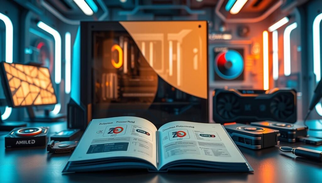 A sleek desktop setup showcasing the selection process of processors and graphics cards, centered on a modern computer tower prominently displaying the Zen 2 and RDNA 2 logos. In the foreground, an open manual or guide with illustrated tips on choosing the right components, while an array of CPU and GPU models spread around it, highlighting their unique designs and specifications. The middle ground features a soft-focus, professional workspace with tools like a magnifying glass and a calculator, creating an analytical atmosphere. The background is a futuristic tech environment with LED lights casting a cool blue hue, emphasizing the cutting-edge nature of the technology. The lighting is bright and well-balanced, enhancing the details and textures of the hardware. The overall mood is informative and engaging, inviting readers to explore the topic.