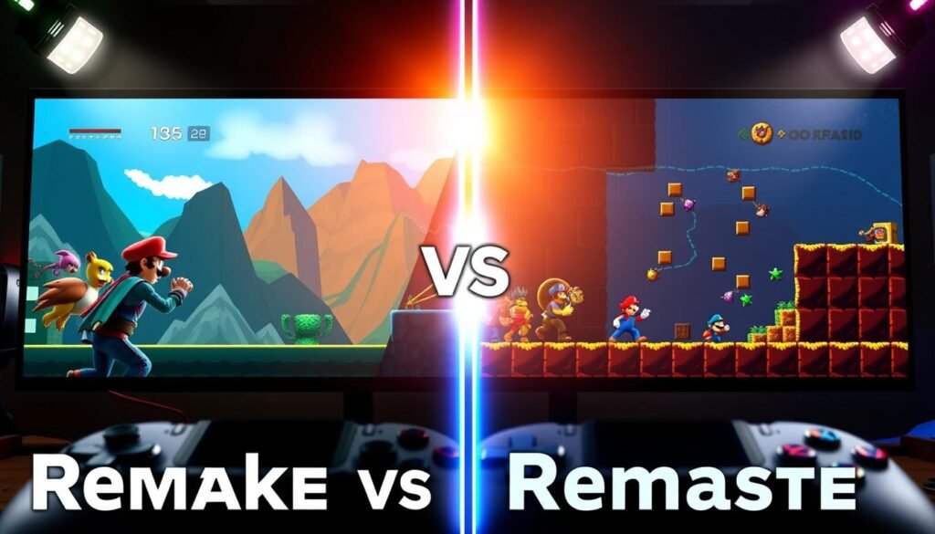 A visually striking split-screen image illustrating the concepts of "Remake vs Remaster." On the left, depict a vibrant, modern rendition of a classic video game scene, featuring updated graphics and revamped character designs, with a realistic style that highlights enhanced details. On the right, showcase the original game in its pixelated glory, emphasizing nostalgia through softer, muted colors. In the middle, a subtle transition between both sides, integrating elements that represent improvement. The lighting should vary, brightening the remake side while casting a softer glow on the remaster side, creating a contrast in atmosphere. The background features iconic gaming elements, like controllers or consoles, enhancing the gaming theme without overcrowding the image. Aim for a dynamic yet balanced composition that resonates with gaming enthusiasts.