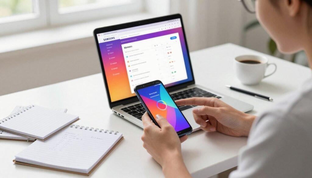 A clean, modern workspace focusing on a person sitting at a sleek desk, intently updating a Samsung Galaxy M series smartphone using a laptop. The foreground features the smartphone displaying a colorful progress bar, depicting a system update, alongside the laptop showing a vibrant interface with app updates. The middle layer presents a notepad with handwritten notes and a cup of coffee, symbolizing an organized and productive environment. In the background, soft natural light illuminates the room from a window, enhancing the fresh, energetic atmosphere. The focus is on the user’s attentive expression, capturing the essence of efficiency and technology. The overall mood conveys motivation and clarity, ideal for showcasing the importance of keeping devices up to date. A clean, modern workspace focusing on a person sitting at a sleek desk, intently updating a Samsung Galaxy M series smartphone using a laptop. The foreground features the smartphone displaying a colorful progress bar, depicting a system update, alongside the laptop showing a vibrant interface with app updates. The middle layer presents a notepad with handwritten notes and a cup of coffee, symbolizing an organized and productive environment. In the background, soft natural light illuminates the room from a window, enhancing the fresh, energetic atmosphere. The focus is on the user’s attentive expression, capturing the essence of efficiency and technology. The overall mood conveys motivation and clarity, ideal for showcasing the importance of keeping devices up to date.