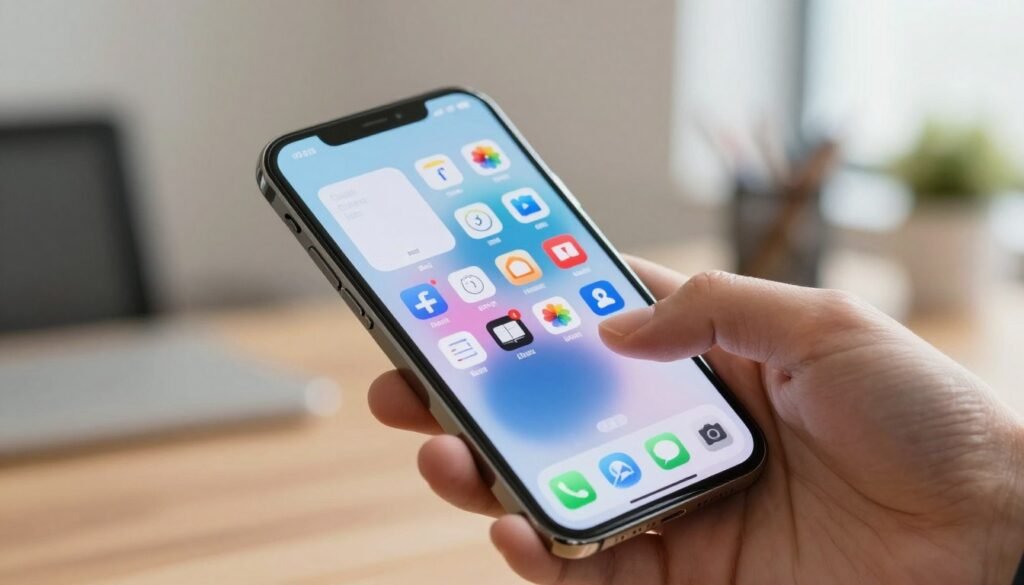 A modern smartphone showcases a sleek and sophisticated visual interface, emphasizing a dynamic and personalized user experience. In the foreground, the smartphone displays vibrant app icons and a fresh design aesthetic that hints at advanced features. The middle ground features a subtle hand gently interacting with the device, accentuating the intuitive nature of the interface. In the background, a softly blurred office environment complements a professional mood, with warm lighting to evoke a welcoming atmosphere. The angle is slightly tilted, focusing on the smartphone screen, highlighting the revolutionary changes in visual presentation. Overall, the scene conveys a sense of innovation and maturity, reflecting the evolution of smartphone visuals.