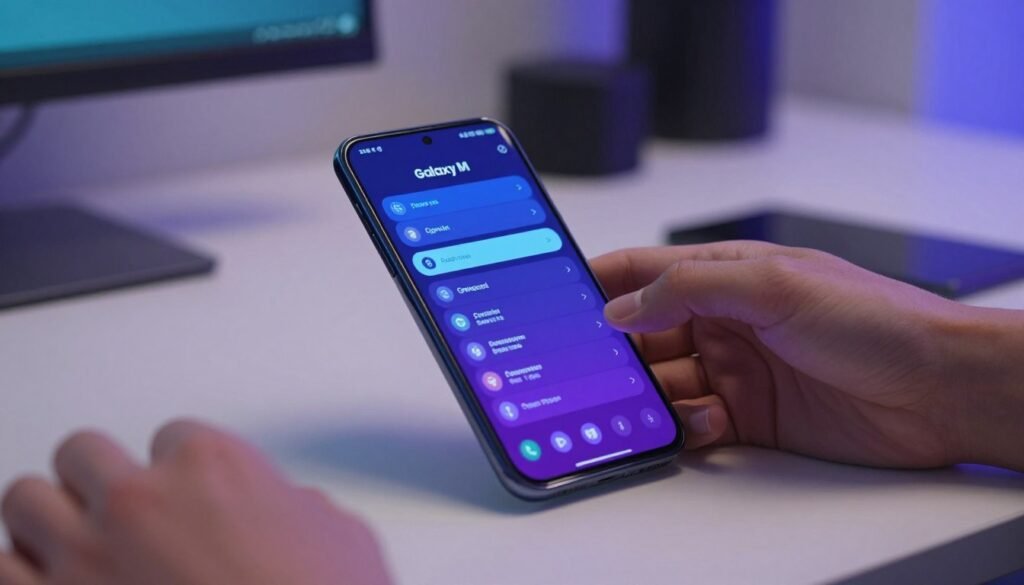 A sleek, modern Samsung Galaxy M Series phone is set on a minimalist desk showcasing its interface displaying optimal system settings for performance. The foreground features the phone prominently, with the screen illuminating a vibrant dashboard of system configurations. In the middle ground, a gentle hand adjusts the settings, designed to look professional and attentive. The background transitions into a softly blurred tech-themed workspace, with hints of computer screens and gadgets, all bathed in soft, ambient light. The mood is focused and productive, emphasizing a high-tech atmosphere conducive to enhancing smartphone performance. The image is captured from a slightly elevated angle to showcase both the device and the user’s engagement in a clean and professional style. A sleek, modern Samsung Galaxy M Series phone is set on a minimalist desk showcasing its interface displaying optimal system settings for performance. The foreground features the phone prominently, with the screen illuminating a vibrant dashboard of system configurations. In the middle ground, a gentle hand adjusts the settings, designed to look professional and attentive. The background transitions into a softly blurred tech-themed workspace, with hints of computer screens and gadgets, all bathed in soft, ambient light. The mood is focused and productive, emphasizing a high-tech atmosphere conducive to enhancing smartphone performance. The image is captured from a slightly elevated angle to showcase both the device and the user’s engagement in a clean and professional style.