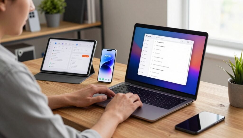 A sleek, modern workspace featuring a wooden desk with an open laptop displaying a colorful, visually engaging list of devices receiving the HyperOS update. In the foreground, a professional in smart casual attire is focused on the screen, with fingers poised above the keyboard. In the middle, a smartphone beside the laptop shows the HyperOS interface, and a tablet with system specifications is also present. The background includes shelves with tech gadgets and a plant, creating a vibrant yet professional atmosphere. Soft, natural lighting from a nearby window casts gentle shadows, highlighting the contemporary feel of the workspace. Aim for a clear, organized composition that conveys efficiency and innovation.