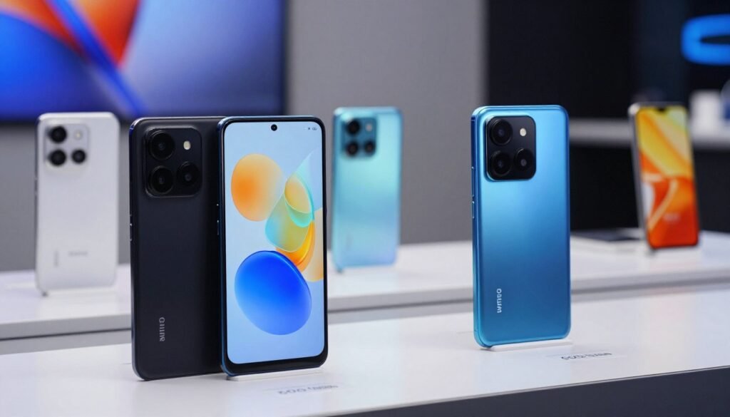 A stylish display of Xiaomi smartphones with robust 6000-6500 mAh batteries, arranged on a sleek modern surface, showcasing their elegant designs and vibrant screens. The foreground features two prominent models, one in deep black and the other in metallic blue, illuminated by soft, diffused lighting. In the middle ground, additional models can be subtly displayed, emphasizing the variety and choice available. The background includes a softly blurred tech environment, hinting at a high-tech ambiance with hints of abstract shapes and colors. The image should convey a sense of reliability and innovation, appealing to heavy users who prioritize long battery life. The overall atmosphere is professional and vibrant, enhancing the allure of these power-packed devices.