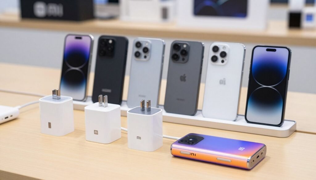 A visually appealing display of Xiaomi chargers and accessories, featuring various models of sleek, modern chargers, power banks, and a selection of smartphone cases, all artistically arranged on a clean, light wooden surface. In the foreground, the latest Xiaomi fast chargers are prominently showcased alongside a vibrant Xiaomi power bank, both gleaming under soft, diffused lighting. The middle ground includes stylish phone cases in various colors and designs, accentuating Xiaomi's brand identity. The background showcases a blurred shelf with Xiaomi branding, creating a sense of depth. The overall mood is professional and tech-savvy, aimed at heavy users who prioritize efficiency and style in mobile accessories. The composition maintains clarity and focus, ensuring each accessory is distinct and easily recognizable.